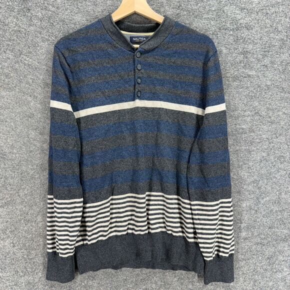 Nautica Other - Nautica Sweater Pullover Men M Medium Gray Striped Button Knit Long Sleeve
